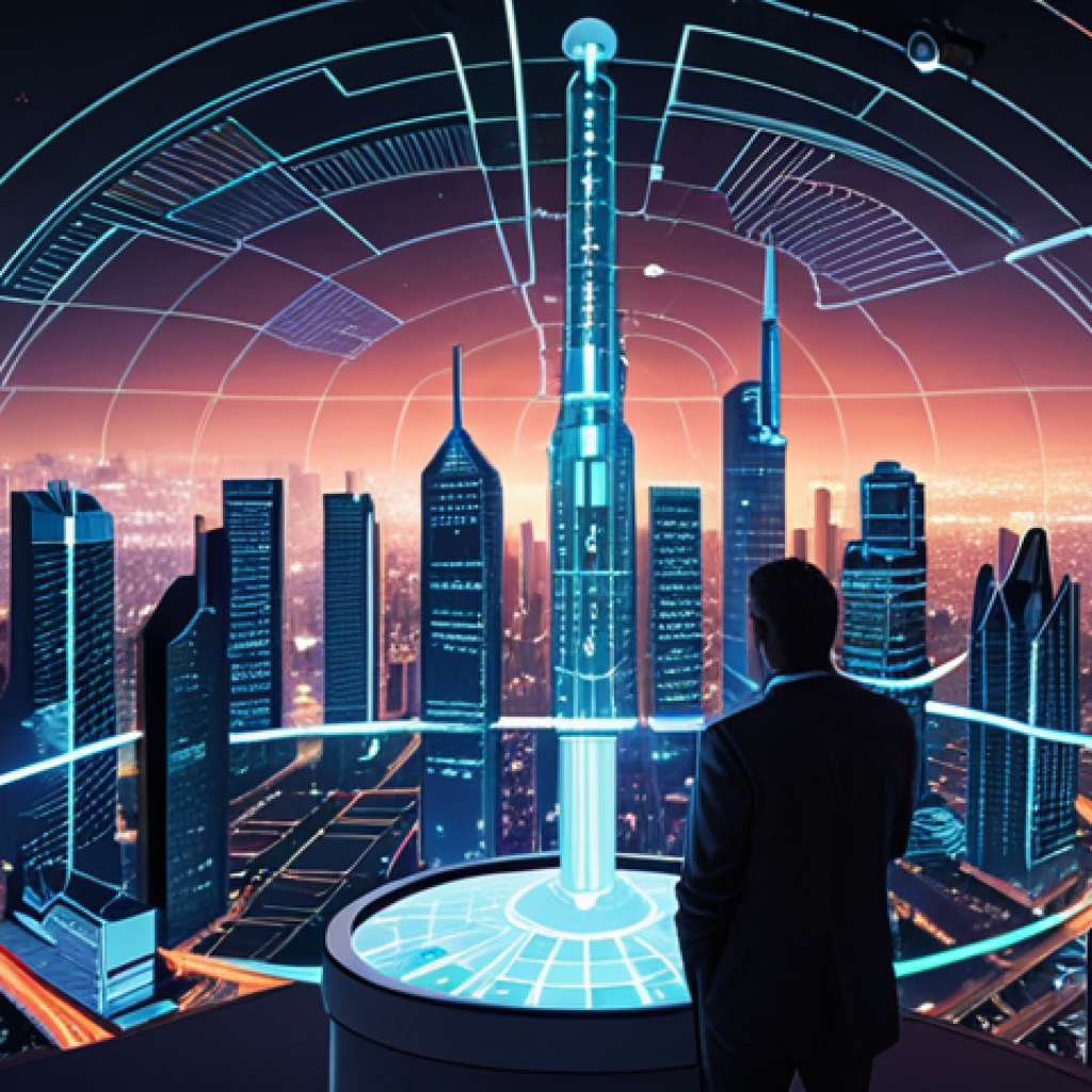 **Image Prompt:** A futuristic cityscape with buildings shaped like data visualizations (graphs, charts). A giant telescope labeled "Data Analysis" points towards the city, illuminating areas representing policy challenges. In the foreground, diverse people are collaborating on holographic policy models, enhanced by AI interfaces. The overall tone is optimistic and emphasizes data-driven solutions for urban issues.