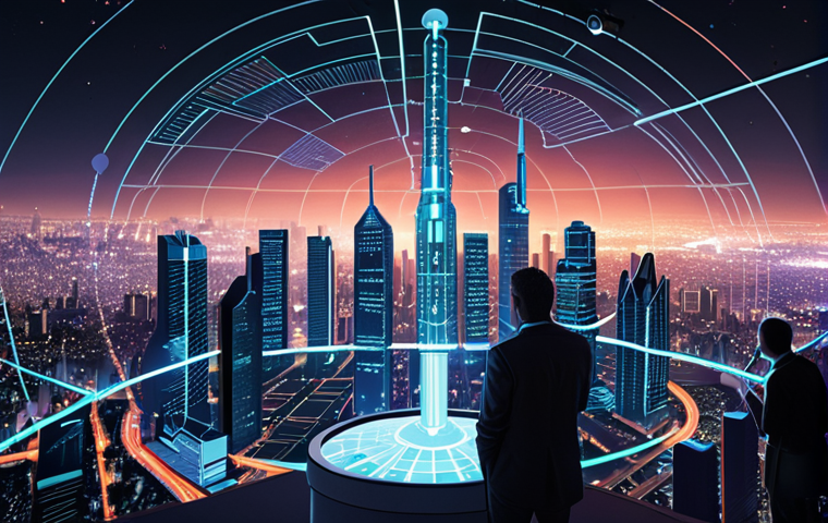 **Image Prompt:** A futuristic cityscape with buildings shaped like data visualizations (graphs, charts). A giant telescope labeled "Data Analysis" points towards the city, illuminating areas representing policy challenges. In the foreground, diverse people are collaborating on holographic policy models, enhanced by AI interfaces. The overall tone is optimistic and emphasizes data-driven solutions for urban issues.
