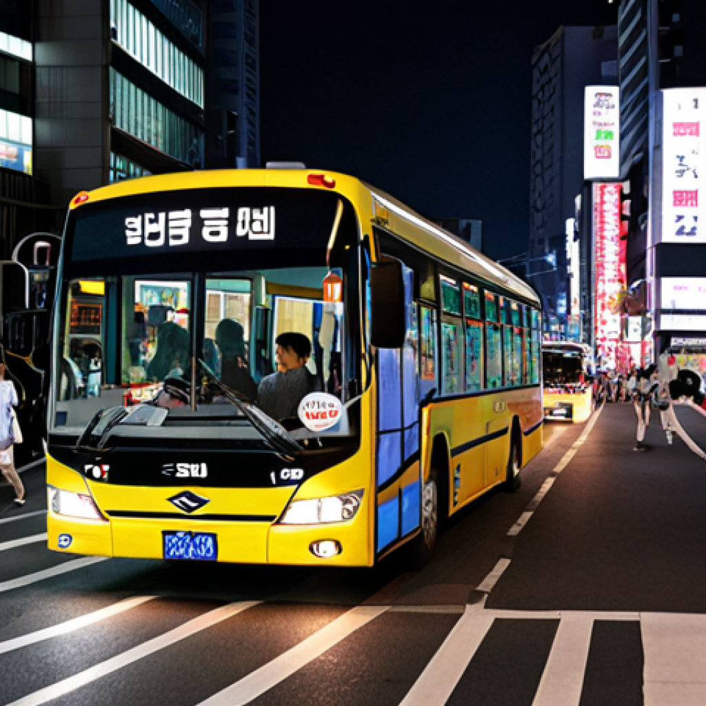 **Late-night Seoul bus:** A nighttime scene of Seoul with a brightly lit bus navigating through the city streets, emphasizing the convenience for citizens.
