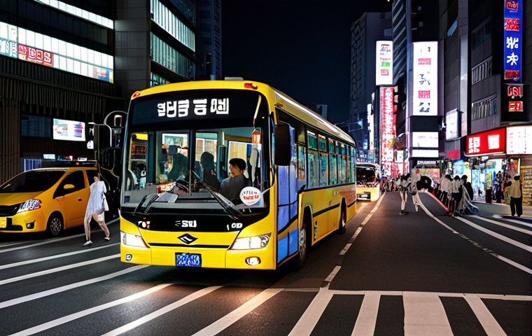 **Late-night Seoul bus:** A nighttime scene of Seoul with a brightly lit bus navigating through the city streets, emphasizing the convenience for citizens.