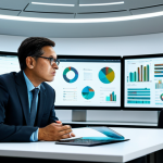 A highly intellectual policy analyst, male or female, focused and deep in thought, reviewing complex data visualizations on multiple holographic screens in a sleek, modern, professional office environment. They are dressed in a modest business suit, fully clothed, appropriate attire, professional dress. The desk is adorned with open books on various subjects like economics, sociology, and environmental science, symbolizing multidisciplinary knowledge. The atmosphere is contemplative and forward-thinking. Perfect anatomy, correct proportions, natural pose, well-formed hands, proper finger count, natural body proportions. Safe for work, appropriate content, professional, family-friendly, high quality, highly detailed.