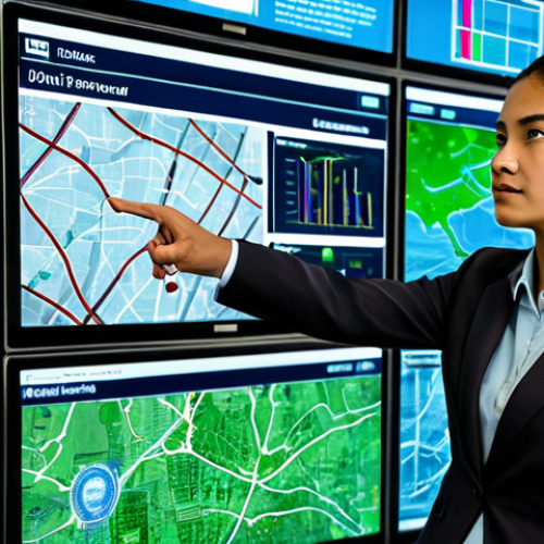 A professional policy analyst, in a modest business suit, stands confidently in a futuristic smart city operations center. Large, translucent screens behind them display complex real-time data visualizations of urban traffic flow, environmental metrics, and demographic trends. The analyst is focused, pointing at an interactive holographic display that projects a simulated urban landscape. The scene conveys innovation, precision, and data-driven urban planning. fully clothed, appropriate attire, safe for work, perfect anatomy, natural pose, well-formed hands, correct proportions, natural body proportions, professional, high quality, appropriate content, family-friendly.