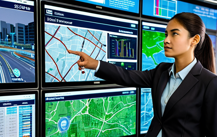 A professional policy analyst, in a modest business suit, stands confidently in a futuristic smart city operations center. Large, translucent screens behind them display complex real-time data visualizations of urban traffic flow, environmental metrics, and demographic trends. The analyst is focused, pointing at an interactive holographic display that projects a simulated urban landscape. The scene conveys innovation, precision, and data-driven urban planning. fully clothed, appropriate attire, safe for work, perfect anatomy, natural pose, well-formed hands, correct proportions, natural body proportions, professional, high quality, appropriate content, family-friendly.