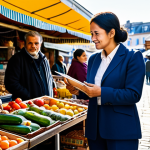 A professional policy analyst, mid-30s, dressed in a modest business casual outfit, stands in a bustling community market, engaged in conversation with a local shop owner. The analyst holds a small notebook and pen, actively listening with an empathetic expression. Sunlight filters through an awning, highlighting diverse market stalls in the background. The scene emphasizes real-world interaction and on-the-ground understanding. Perfect anatomy, correct proportions, natural pose, well-formed hands, proper finger count. High-resolution, professional photography, clean urban environment, fully clothed, appropriate attire, safe for work, professional, family-friendly.