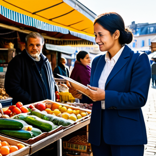 A professional policy analyst, mid-30s, dressed in a modest business casual outfit, stands in a bustling community market, engaged in conversation with a local shop owner. The analyst holds a small notebook and pen, actively listening with an empathetic expression. Sunlight filters through an awning, highlighting diverse market stalls in the background. The scene emphasizes real-world interaction and on-the-ground understanding. Perfect anatomy, correct proportions, natural pose, well-formed hands, proper finger count. High-resolution, professional photography, clean urban environment, fully clothed, appropriate attire, safe for work, professional, family-friendly.