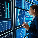 A professional female policy analyst in a modest business suit, standing in a futuristic data analysis center. She is engaging with a large transparent screen displaying intricate data visualizations, graphs, and AI-powered predictive models. The background features glowing holographic projections of global data streams and complex algorithms, emphasizing innovation and future-oriented policy planning. The lighting is soft and professional. fully clothed, appropriate attire, safe for work, appropriate content, professional, perfect anatomy, correct proportions, natural pose, well-formed hands, proper finger count, natural body proportions, high-quality, ultra-detailed.