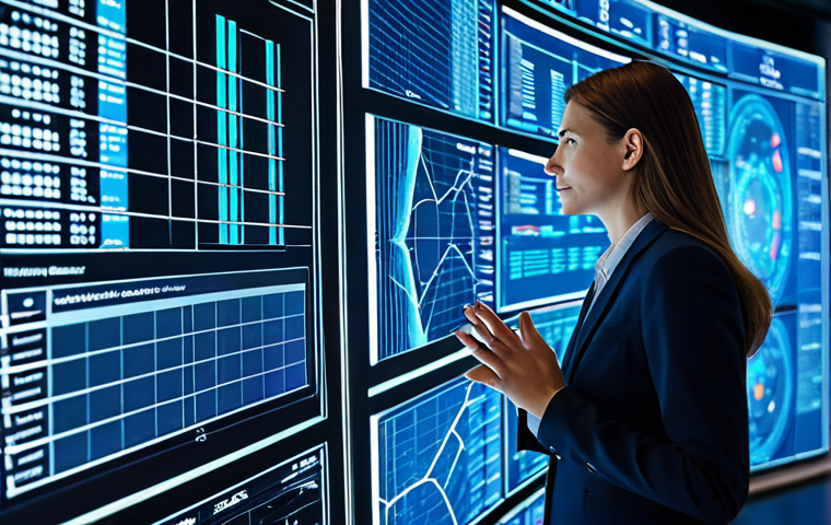 A professional female policy analyst in a modest business suit, standing in a futuristic data analysis center. She is engaging with a large transparent screen displaying intricate data visualizations, graphs, and AI-powered predictive models. The background features glowing holographic projections of global data streams and complex algorithms, emphasizing innovation and future-oriented policy planning. The lighting is soft and professional. fully clothed, appropriate attire, safe for work, appropriate content, professional, perfect anatomy, correct proportions, natural pose, well-formed hands, proper finger count, natural body proportions, high-quality, ultra-detailed.