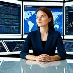 A professional policy analyst, a woman, is seated in a modern, pristine office environment. She is surrounded by multiple digital screens displaying complex data visualizations: abstract charts, intricate graphs, and real-time textual analytics. On one screen, a swirling vortex of diverse information represents the 'data flood,' while another clearly illuminates a singular, actionable insight, akin to a beacon or compass guiding the way. She gazes at the insightful display with a focused, intelligent expression, signifying clarity emerging from complexity. She is fully clothed in a modest professional business suit, appropriate attire, safe for work, perfect anatomy, correct proportions, natural pose, well-formed hands, proper finger count, natural body proportions, professional photography, high quality.