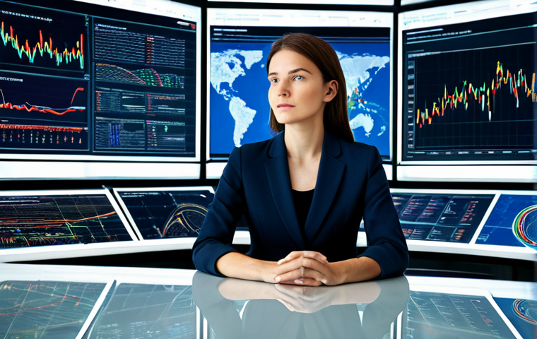 A professional policy analyst, a woman, is seated in a modern, pristine office environment. She is surrounded by multiple digital screens displaying complex data visualizations: abstract charts, intricate graphs, and real-time textual analytics. On one screen, a swirling vortex of diverse information represents the 'data flood,' while another clearly illuminates a singular, actionable insight, akin to a beacon or compass guiding the way. She gazes at the insightful display with a focused, intelligent expression, signifying clarity emerging from complexity. She is fully clothed in a modest professional business suit, appropriate attire, safe for work, perfect anatomy, correct proportions, natural pose, well-formed hands, proper finger count, natural body proportions, professional photography, high quality.