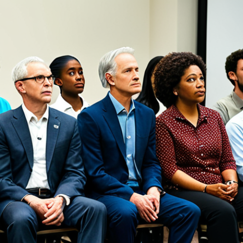 **

"A diverse group of fully clothed people participating in a town hall meeting, discussing policy issues, appropriate attire, safe for work, perfect anatomy, correct proportions, professional setting, community engagement, modest clothing, family-friendly, high quality."

**