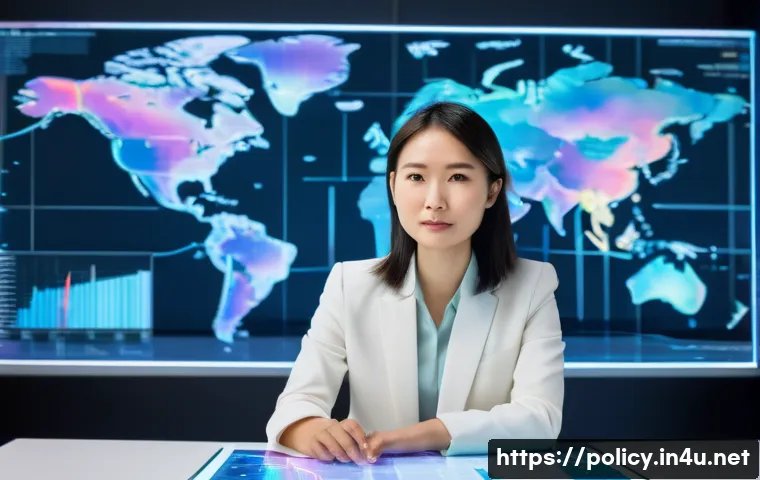 정책분석사와 해외 사례 분석 - **Prompt:** A focused, professional East Asian female policy analyst, mid-30s, wearing business casu...