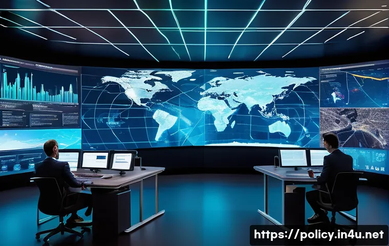 정책분석사와 공공 정책 연구의 최신 동향과 사례 - A futuristic government policy decision room with large digital screens displaying dynamic big data ...