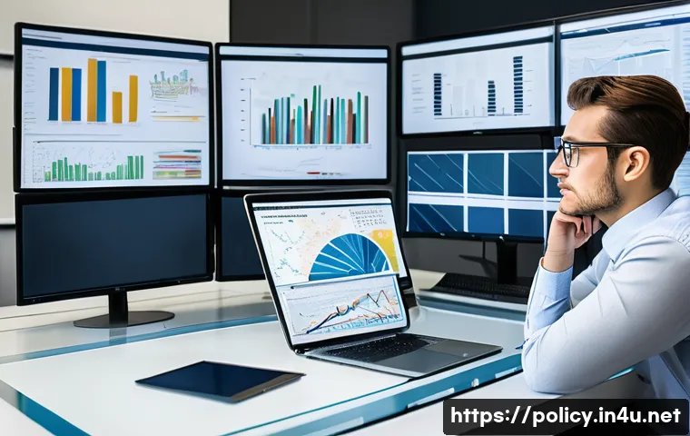 정책분석사와 정책 테스트 사례 - A professional policy analyst in a modern office setting, surrounded by multiple computer screens di...