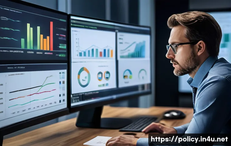 정책분석사와 직무 성과와 평가의 중요성 - A professional policy analyst in a modern office environment, deeply engaged in analyzing complex so...