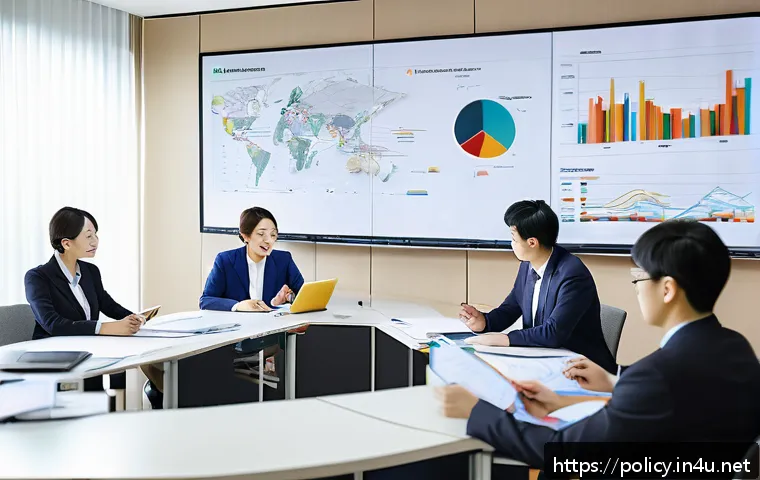 정책분석사와 기획안 작성법 - A professional business meeting scene showing a diverse group of people collaborating around a large...