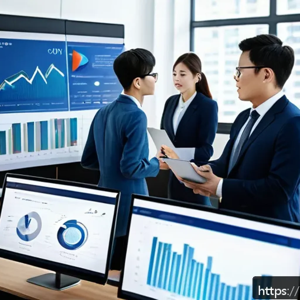 정책분석사와 데이터 기반 직무의 성공 사례 - A modern office scene showing a diverse group of professionals collaboratively analyzing data on mul...
