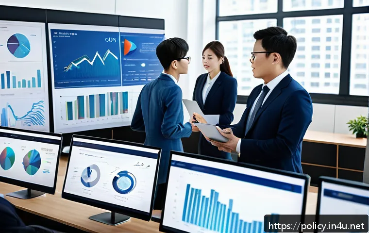 정책분석사와 데이터 기반 직무의 성공 사례 - A modern office scene showing a diverse group of professionals collaboratively analyzing data on mul...