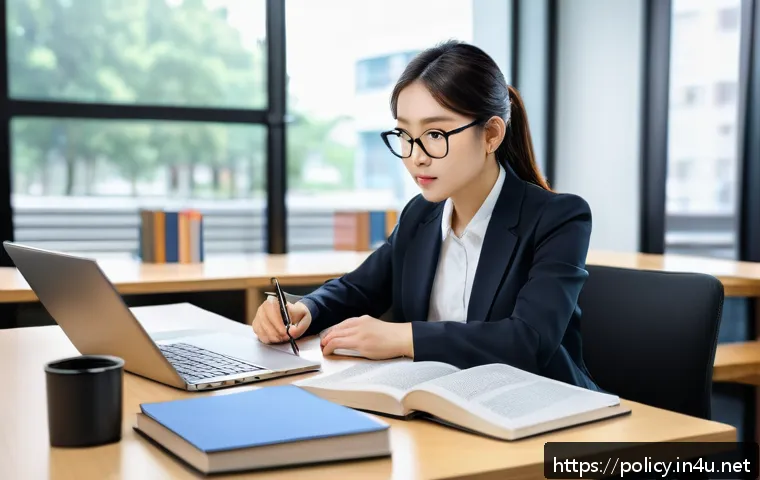 정책분석사 시험 응시 후기 모음 - A focused young professional studying at a quiet library desk, surrounded by neatly organized textbo...